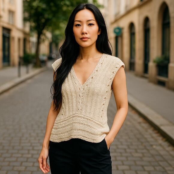 Amano Hand Knit Sweater Spain Open Weave Double V Neck Cream Small - Picture 1 of 6